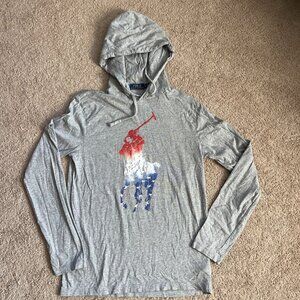 Polo Ralph Lauren Big Pony USA Flag Long Sleeve Hoodie Shirt Gray Mens Small